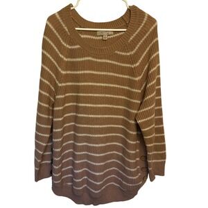 Misia Curvy Women 1X Striped Knit Sweater Tan White Side Button Boho Cottagecore